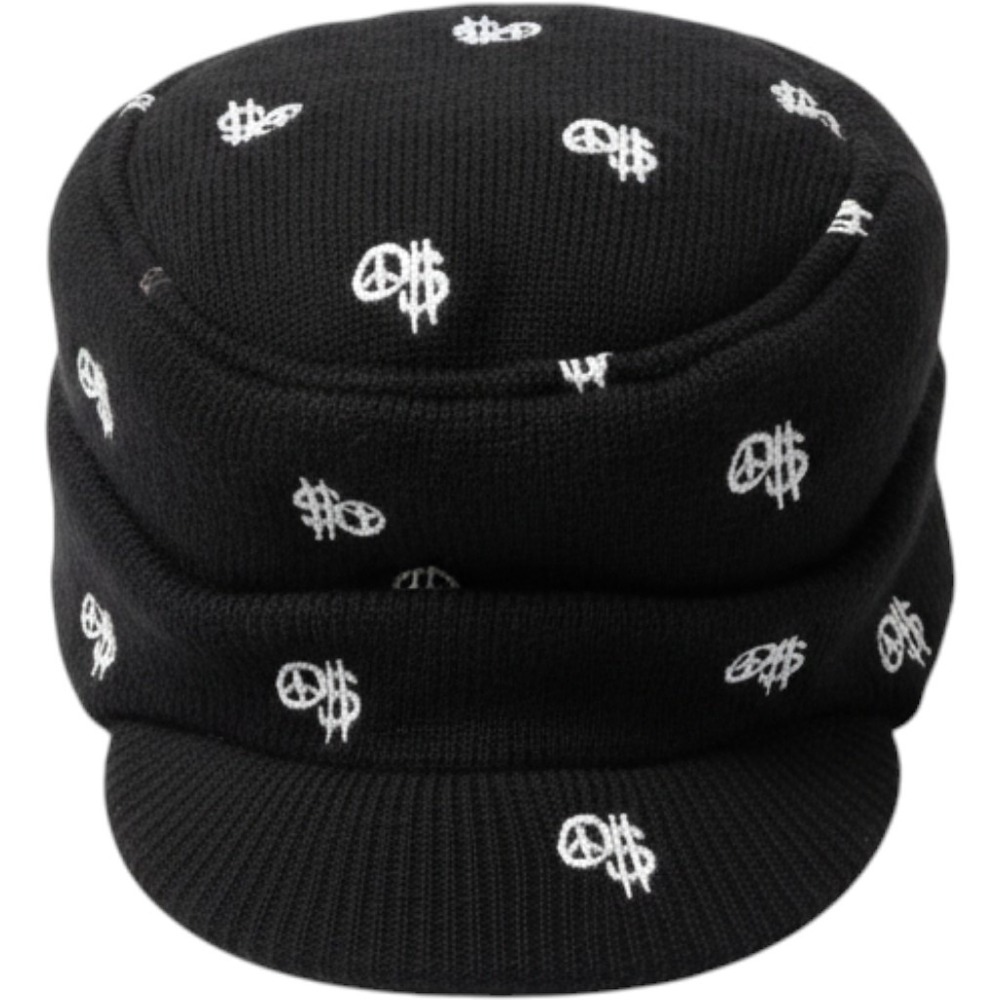 Stussy Peace Dollar‎ Sign Knit Visor Beanie Hat Black White All Over Print OSFA